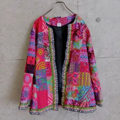 【USED】US 古着 総柄 ノーカラージャケット 3XL レトロ ビッグサイズ カラフル  パッチワーク柄ジャケット US古着 パッチワーク柄 ジャケット USA古着 パッチワーク風 エスニック 古着女子