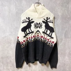 古着 used　長袖ノルディック柄カウチンニット　セーター　ハイネック　レトロデザイン　トナカイ　鹿　白　黒　秋冬服【値引き交渉OK！】