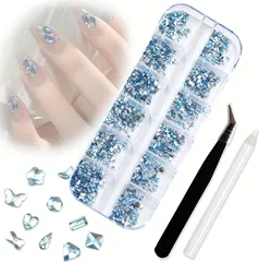 VICHE CATT ネイルパーツ ストーン ラインストーン ビーズ ピンセットとワックスペンシル付き ネイルアート デコパーツ (ライトブルー)