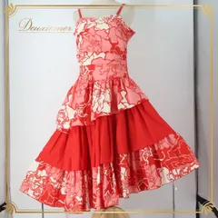 フラダンス 衣装 ワンピース ドレス レイアロハ レッド系 Lei Aloha 日本製 アシンメトリー フリル キャミソールドレス かわいい 華やか 鮮やか 明るい 赤 白 ハワイアン アロハ ハワイアンプリント フラ ダンス レッスン 練習 ドレスアップ