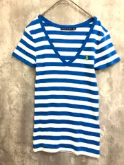 美品 Ralph Lauren ラルフローレン Vネック ボーダー ロゴ刺 半袖 Tシャツ sizeS(160/84A)/白×青 ■■ レディース
