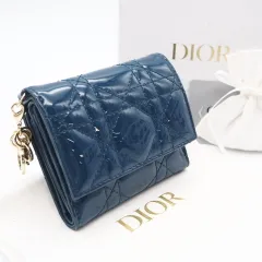 ★3日以内返品可★ 美品 Dior ディオール カナージュ パテントカーフスキン Lady Dior Lotus ウォレット S0181OVRB 三つ折り財布 ブルー レザー パテントレザー レディース