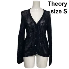 ◇ セオリー Theory Vネックカーディガン ニット 長袖 透かし編み メッシュ オープンニット ダークネイビー 綿混 S 7号 レディース S6B247