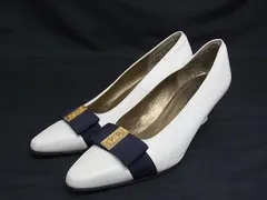 YVESSAINTLAURENT イヴサンローラン レザー リボン ヒール パンプス 34 1/2(約21.5cm) 靴 シューズ ホワイト系×ネイビー系 DL9729