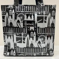 9513　Harrods　ハロッズ　トートバッグ　ハンドバッグ　サブバッグ　シルバー　ブラック　PVC　ロンドンランド　ロンドン　イギリス　英国　レディース　シンプル　きれいめ　カジュアル
