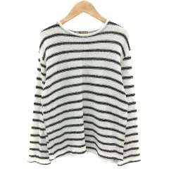 ザラ ZARA サマーニット カットソー 長袖 ラウンドネック ボーダー柄 S オフホワイト 白 /YM4