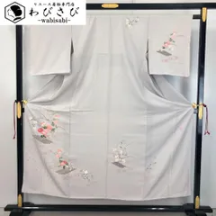 付下げ 作家物 友禅 流水に花模様 灰色 縮緬 しつけ糸 K-5198