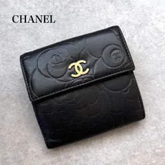 美品 CHANEL シャネル カメリア 二つ折り財布 Wホック ブラック 黒 ゴールド金具 ラムスキン レザー コンパクトウォレット ココマーク　a10