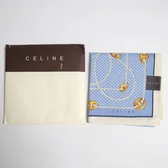 CELINE セリーヌ 大判ハンカチ 約57cm 綿100％ 日本製 水色 チェーン柄 ミニスカーフ 紙ケース付き