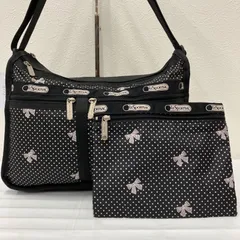 9739　LeSportsac　レスポートサック　 ショルダーバッグ　斜めがけ　紐調節可能　 デラックスエブリデイ　マチ拡張　リボン　 ドット　水玉　総柄　ブラック系　黒　 ナイロン　軽量　ポーチ付き　レディース