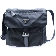 PRADA (プラダ) テスートナイロン レザー トライアングルロゴプレート ショルダーバッグ シルバー金具 ブラック B5469F