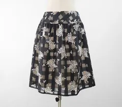 美品* M'S GRACY ◆ ブーケ 花柄 チェック オーガンジー フレア スカート サイズ40 黒 エムズグレイシー ◆G014