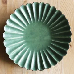 高取焼 高取焼き トルコ青打ち込み輪花皿 中 平皿 プレート皿 ワンプレート 20cm パスタ皿 ろくろ庵 陶器 食器 器 ブロンズ クリーム グリーン WEB物産展