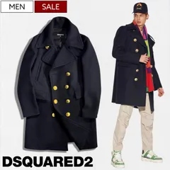 【定価297,000円(税込)】DSQUARED2 ディースクエアード  伝統的なディテールに極上の色気と艶を注入した！大人の男の色気漂うダブルブレストウールピーコート チェスターコート アウター コート Pコートチンストラップ ネイビー S74AA0263S