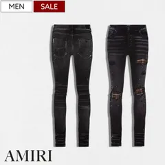 【定価220,000円(税込)】AMIRI -アミリ- 都会的な大人カジュアルを演出する！拘りぬいたウォッシュ＆リペア加工 スーパーストレッチ ブラックデニムパンツ ジーンズ MX1 LEATHER JEAN ブラック  SRPS24MDS004SMRDSI1