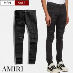 【定価286,000円(税込)】AMIRI -アミリ- 都会的な大人カジュアルを演出する！拘りぬいたウォッシュ＆リペア加工 スーパーストレッチ デニムパンツ ジーンズ MX1 LEATHER JEAN ブラック SRAMDNSY1008 SMRDSI13 メン