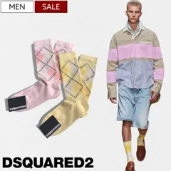 【定価34,100円(税込)】DSQUARED2 ディースクエアード スワロフスキー付 アーガイル柄ソックス コットンソックス MID CREW SOCKS ブランドロゴ ピンク イエロー S82TKDFV17SJ3070 メンズ  靴下 イタリア製 プレセン