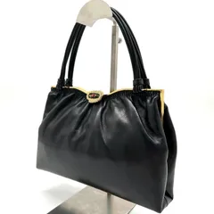 濱野皮革工藝 hamano ハンドバッグ フォーマルバック ブラック 黒 レザー 本革  プチポアン がま口 ゴブラン織り