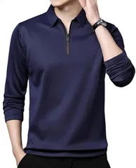 GANATA（ガナタ） ポロシャツ メンズ 長袖 襟付き フリース スポーツ ゴルフ 大人 お洒落 普段着トップス 着回し 大人服 シンプル コーデ (ネイビー,  M)