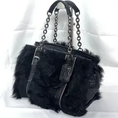 LONGCHAMP ロンシャン ファー クロコ型押し レザー チェーントート ショルダーバッグ ブラック