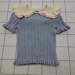 ◇ ⊂ ザラ ZARA フリルカラーニットトップス 半袖 ライトブルー系 レディース S E  【1512190012026】