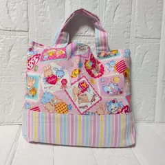 ハンドメイドミニレッスンバッグ☆ピンクレトロアニマル×カラフルストライプ☆