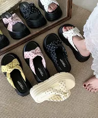 ドット柄リボン厚底サンダルレディース美脚