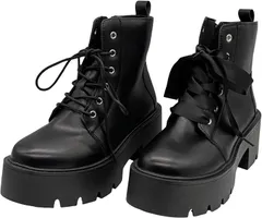 APOSITV 厚底ショートブーツ レディース レースアップ リボン紐付 軽量 黒 7cmヒール (ブラック,  23.5 cm)