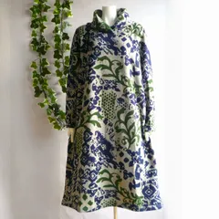 新品 a077 ML 裏起毛 あったか ワンピース 紺緑グレー系 モダンボタニカル柄 ショールカラー ストレッチ レディース 50代 60代 70代