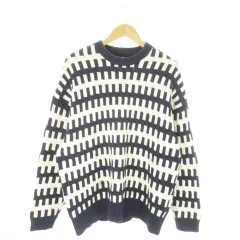 ザラ ZARA 長袖ニット セーター クルーネック コットン デザイン編み ボーダー 総柄 L 紺 ネイビー /AO18 ■GY99