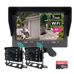 【新品】ワイヤレス防犯カメラセット モニター付き 暗視機能 AI 人体検知 防水 IPx7 WiFi 無線 簡単接続 配線簡単 小型 分割表示 赤外線録画 録画機能 （AIモニター 7インチ/カメラ 2台） microSDカード付