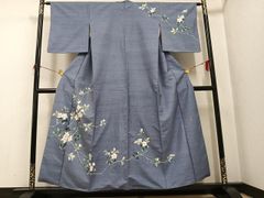 未使用品 竪絽 正絹付け下げ 夏着物 秋草模様 聡明なブルーグレイ