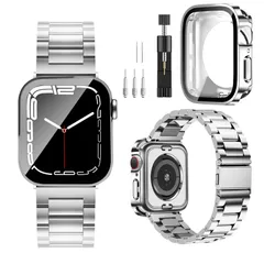 コンパチブル Apple Watch バンド 49mm 45mm 44mm 41mm 40mm Apple Watch バンド ステンレス製 防水ケース付き 一体型360ど度 3D直角エッジデザイン アップルウォッチ バンド 金属ベルト Apple Watch