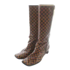 ルイヴィトン LOUIS VUITTON ロングブーツ レザー スクエアトゥ ローヒール ダミエ柄 総柄 サイドジップ 37.5 24cm-24.5cm 茶色 ブラウン 黒 ブラック /XZ ■GY40