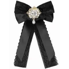 【新品】 Elerevyo レディース ブラック レーストリム リボン 蝶ネクタイ ラインストーン付き ブローチ付き バロック系 制服リボン 文芸復古 宮廷風 デート ゴスロリ ロリータ 地雷系 量産型 学院風 OL 通勤 コスプレ ブラック One Size