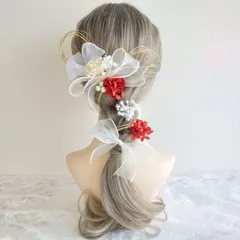 髪飾り＊成人式 卒業式 結婚式 ウェディング 振袖 袴 和装 前撮り~リボン パール 水引 編みおろし~レッド 赤 12本