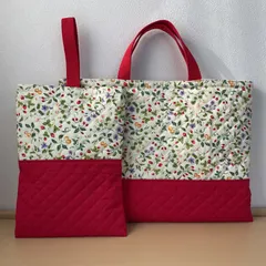 入園入学5点セット　りんりんのハンドメイド　レッスンバッグ　上履き入れ　キルティング　野いちご　赤