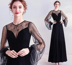 ロングドレス シースルー 長袖 パーティー 演奏会 ステージ対応 インポート 数量限定