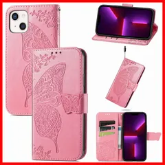 に適用するiPhone 13 mini 5.4インチ ケース 手帳型 ノートブック型携帯電話保護カバー多機能携帯電話ホルスター財布携帯電話ホルダーバンプパターンテクスチャ耐久性摩擦耐性携帯電話ケース男性と女性に適した多色オプション (バタフライピンク)