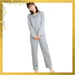 [PANSELINA] パジャマ レディース 長袖 長ズボン ルームウェア 上下セット 前開き 入院 部屋着 寝間着 ふんわり 薄手 無地 可愛い 春 夏 秋 (L, グレー) 1