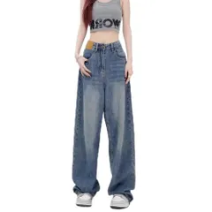 [RosaSolFeliz] デニム ワイドパンツ レディース デニムパンツ ジーンズ ボトムス 美脚 ロング ズボン ゆったり 体型カバー 大きいサイズ ガウチョパンツ 着痩せ 無地 きれいめ 韓国 通勤 普段着 セミワイド ママ 公園 [ネイビー] [M]