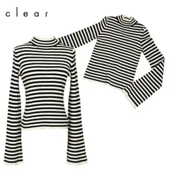 ニット レディース ハイネック リブニット ボーダー 長袖 フレア袖 きれいめ トップス 秋 冬 春 インナー 着回し CLEAR クリア 7739 春 秋