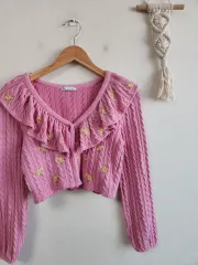 ザラ ケーブル編み 刺繍 カーディガン S ピンク