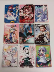 eb273 【希少/非売品】東方Project 東方彩記 ホワイトキャンバス 特典 スペシャルスペルカード 9枚セット 2005年 当時物 博麗霊夢 十六夜咲夜 魂魄妖夢 チルノ 射命丸文 小野塚小町 四季映姫 ミスティア メルラン イラストカード