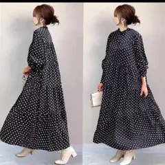 【新品】モード系大きいサイズ　レディースゆったりロングワンピース長袖 黒ブラック水玉柄