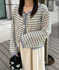 kutir カーディガン/ボレロ F ブルー ニット ボーダー柄 リボン ショート丈 長袖