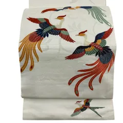 開き名古屋帯 優品 鳳凰 唐草 唐織 金糸 クリーム 正絹 【中古】