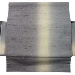 【美品】付け帯 名品 落款 紬地 作り帯 牛首紬地 幾何学模様 銀彩 灰紫 正絹 【中古】