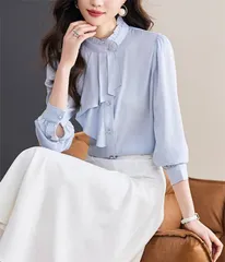 送料無料 シャツ ブラウス 新作 レディース フリル 長袖 フリルネック アシンメトリー トップス シフォン シャツブラウス 前開き ボタン デザイン感 無地 春 秋 上着