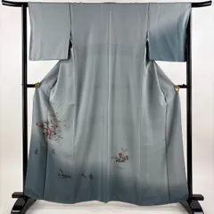 付下げ 身丈162cm 裄丈64cm M 袷 草花 建物 刺繍 金糸 青灰色 正絹 秀品 【中古】